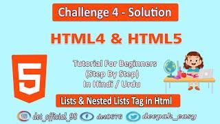 Challenge - 4 Solution | HTML5 | Lists & Nested Lists Challenge | Web Designing Challenge