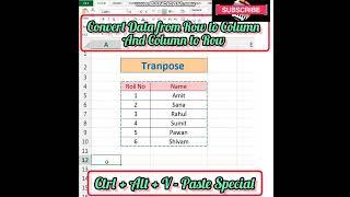 Convert Execl Data form Row to Column and Vice versa #shorts #excel #exceltutorial #ecceltips