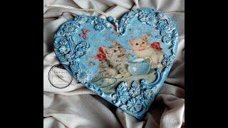 How to make a kitten-pattern decoupage heart with chalk paint - DIY tutorial